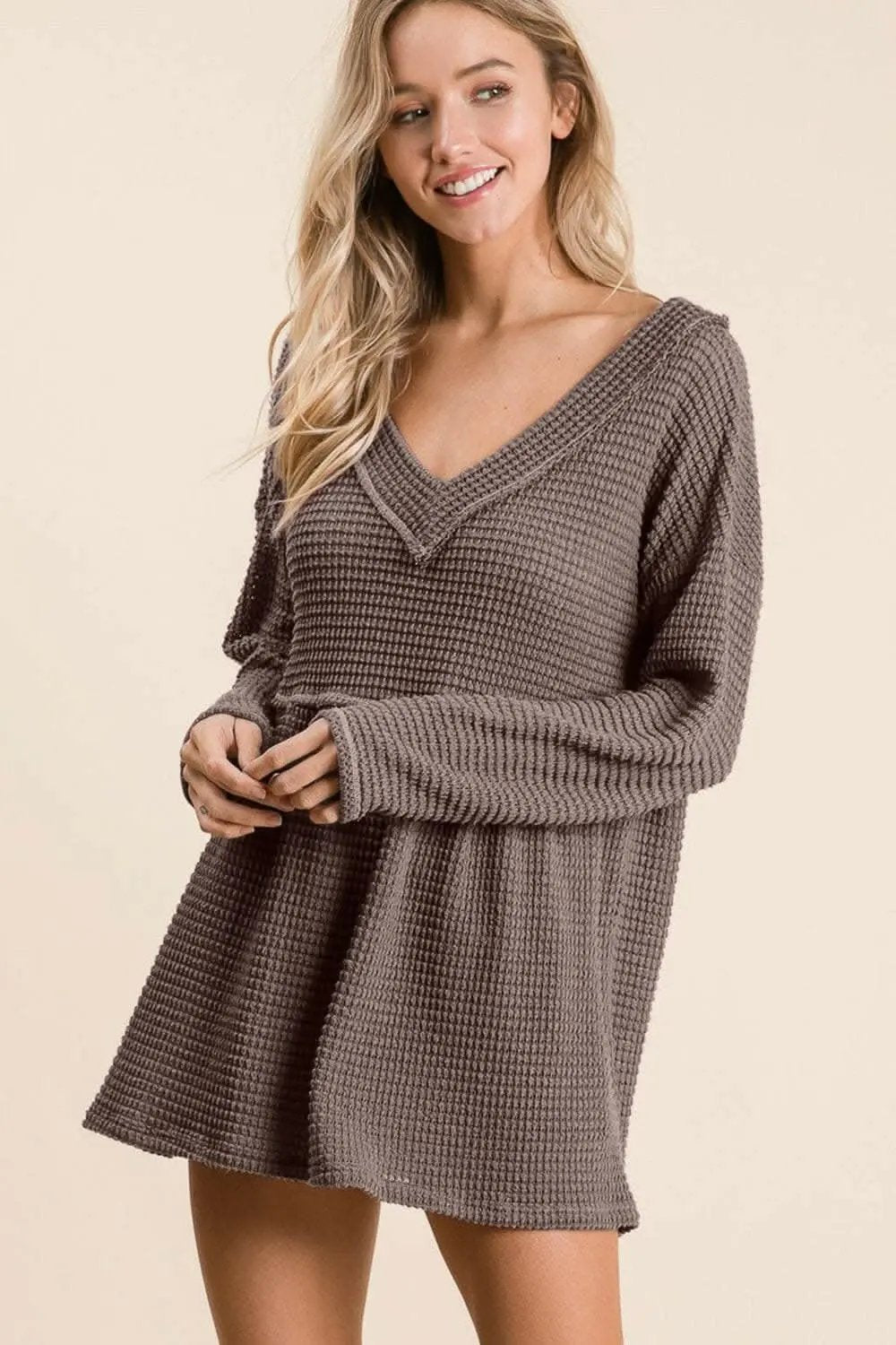 BiBi Waffle Knit V-Neck Babydoll Blouse - Love Salve